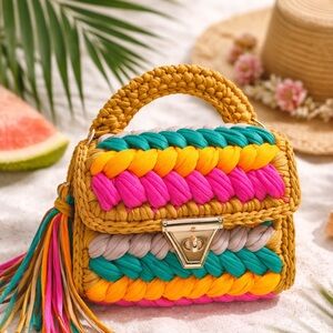 Handmade Crochet Top Handle Bag – Colorful Woven Mini Purse Boho Festival